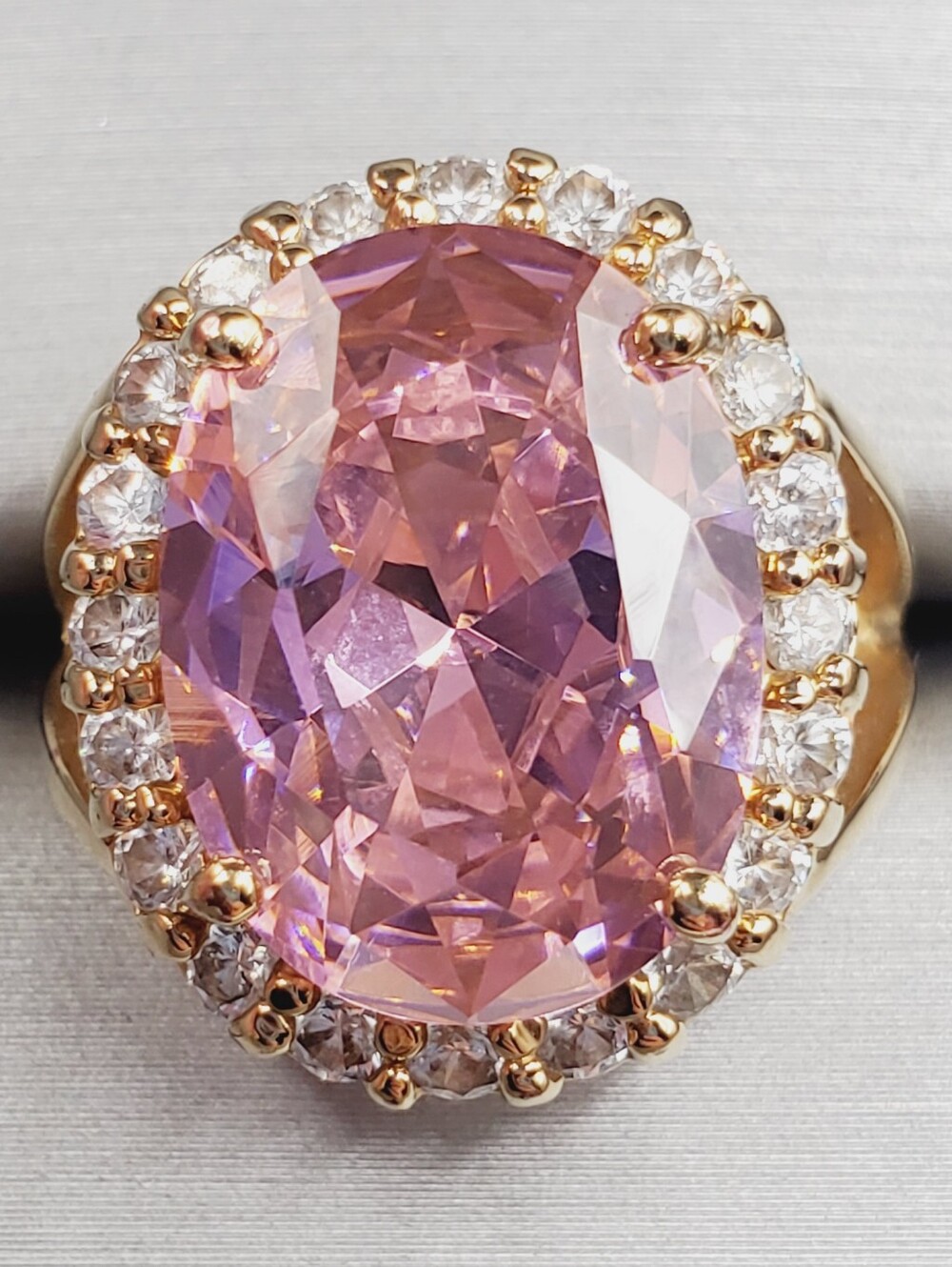 18k Yellow Gold - 925 Sterling Silver Pink Kunzite & Diamond Simulant Halo Ring
